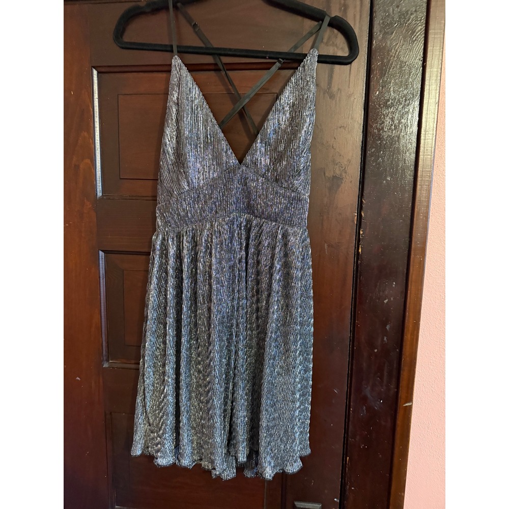 Lulus Metallic Silver Pleated Mini Dress V-Neck Open Back Crisscross Straps L